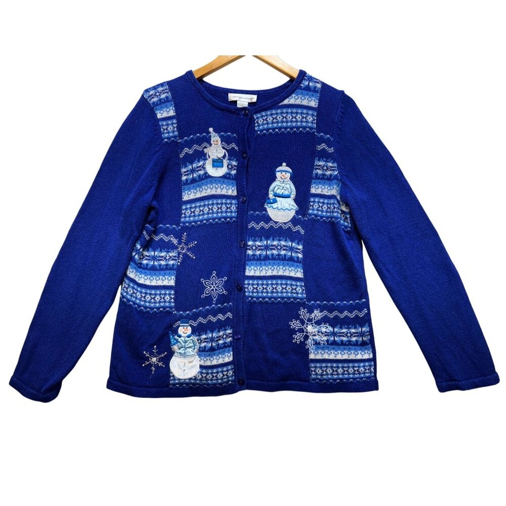 Christopher & Banks Women Cardigan Sweater Medium Blue Snowman Holiday Button Up